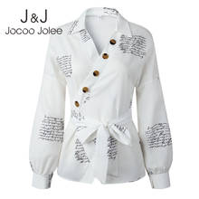 Jocojolee blusa feminina estampa de jornal japonesa, camisa de manga comprida com gola em v com caixas, camiseta casual moda urbana 2024 - compre barato