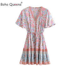 Boho Queens Women Floral Print  V-neck Sashes Bohemian Mini Dress Ladies  Sleeve Tassel  Happie Dresses Vestidos 2024 - buy cheap