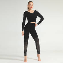 Conjuntos de roupas de ginástica com buracos, roupas esportivas de academia para corrida, roupa de treino feminina com cintura alta, calça legging e camisa 2047 2024 - compre barato