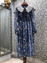 Top Quality New 2021 Summer Dress Women White Lace Embroidery Deco Long Sleeve Mid-Calf Length Dark Blue Vintage Print Dress XL 2024 - buy cheap