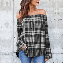 40# Women's Casual Blouses Plaid Sexy Off Shoulder Females Vintage Grid Shirts Long Sleeve Shirts Tops Blouse Блузка Женская 2024 - buy cheap