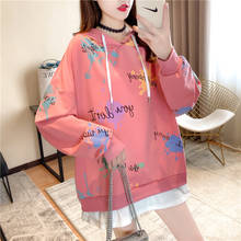 2020 qrwr coreano moletom feminino primavera outono moda imprimir casual hoodies meados de comprimento falso tow oversized moletom com capuz 2024 - compre barato
