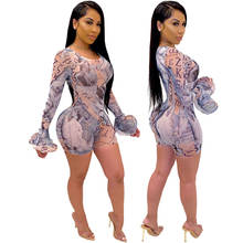 Fashion Print  Sheer Mesh Short Jumpsuit Women O Neck Long Flare Sleeve Skinny Romper Night Club Bodycon Rompers Outfits S-XXL 2024 - buy cheap