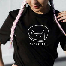 Camiseta con estampado de gato espacial para mujer, camiseta de manga corta con cuello redondo 100% de algodón, Tops informales, novedad 2024 - compra barato