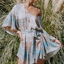 Happie Queens Women Floral Print Tie Neck Bohemian Mini Dress  Ladies Batwing Sleeve Beach Boho Dresses Vestidos 2024 - buy cheap