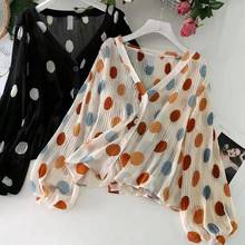 2021 New Women Summer Sexy See Through Big Dot Chiffon Blouse V Neck Single Breasted Pleated Shirt Puff Sleeve Tops 2024 - buy cheap