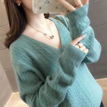 Women's V-neck Solid Color Twist Knit Sweater Bottoming Pullover Loose Long-sleeved Jacket Women Autumn Winter New Sweater Coat 2024 - buy cheap