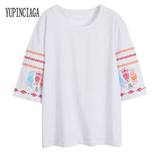 YUPINCIAGA, новая свежая Ретро футболка с расклешенными рукавами, топ, свободный принт, хлопок, круглый вырез, короткий рукав, Милая женская модная повседневная футболка 2024 - купить недорого