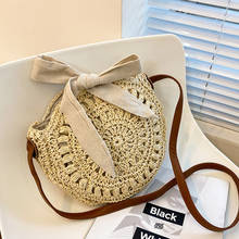 New Japanese Round Straw Woven Bag Women's Shoulder Diagonal Handbag Fashion Cotton and Linen Straw Woven Bag Beach Holiday Bag 2024 - buy cheap