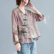 Китайская Улучшенная одежда в стиле ретро 2022, хлопковая льняная шифоновая блузка, женские свободные топы, блузка, чайный халат, рубашка 2024 - купить недорого