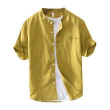 Camisas de linho masculinas casuais básicas, camisetas de manga curta casuais para homens, básicas, colarinho, cor sólida, amarelo, bolso único, roupas vintage 2024 - compre barato