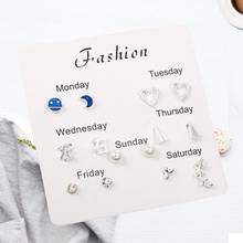 6Pairs/lot Fashion Korean Stud Earrings Set For Women Statement Heart Star Snowflake Rhinestone One Week Earring Gift Brincos 2024 - buy cheap