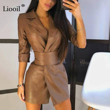 Liooil Pu Leather Mini Dress Women 2021 Three Quarter Sleeve Turn-down Collar With Sashes Ladies Streetwear Black Brown Dresses 2024 - buy cheap