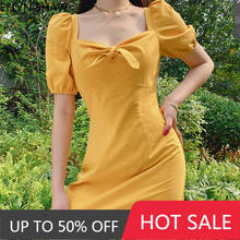 Vestido de cuello cuadrado para mujer, estilo coreano Vintage, cintura alta, dulce Lazo, manga corta, bohemio, amarillo, 2021 2024 - compra barato