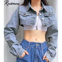 Rockmore Button Up Cropped Jeans Jackets Women Turn-down Collar Denim Jacket Vintage Long Sleeve Outwear Coats Streetwear 2021 2024 - buy cheap