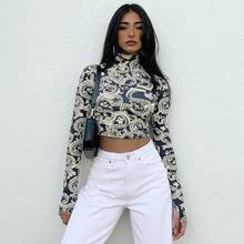 Women Dragon Print Crop Tops T-Shirts Long Sleeve High Stand Collar Short Slim T-shirt Spring Clothes Top Streetwear 2024 - buy cheap