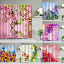 Beautiful Pink Flower Butterfly Shower Curtains Floral Plant Waterproof Bath Curtain Spring Scenery Bathroom Decor With Hooks 2024 - buy cheap