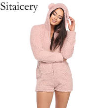 Sitaicery pijama quente feminino, onsie, outono inverno, com capuz, orelha de coelho, lã, veludo, roupa de dormir, macacão curto para adultos 2024 - compre barato