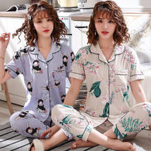 2019 Summer Short Sleeve Long Pants Pajama Sets for Women Cotton Print Sleepwear Femme Lounge Homewear Pijama Mujer Home Clothes 2024 - buy cheap