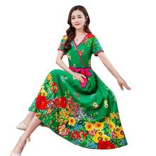 Fashion Cotton Silk Dresses For Women 2022 Printed Over The Knee New Style Long Literary Retro Waist Short-Sleeved Dress 2024 - buy cheap