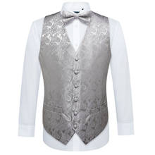 Designer Mens Silk Waistcoat Vest Classic Silver Paisley Jacquard Folral Handkerchief BowTie Vest Pocket Square Set Barry.Wang 2024 - buy cheap