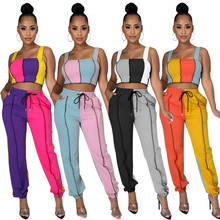 Women Spring Two Piece Set Casual Stripe Color Patchwork Strapless Tank Tops Legging Sweatpants Suit Outfit Activewear Tracking 2024 - buy cheap