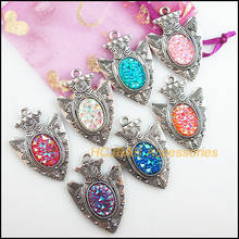 New 7Pcs Tibetan Silver Tone Retro Shield Mixed Oval Resin Charms Pendants 31x45.5mm 2024 - buy cheap