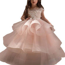 Boutique Flower Girl Dresses Cascading Tulle Ball Gown Applique Customized Floor Length Open Back Holy Communion Pageant Gown 2024 - buy cheap