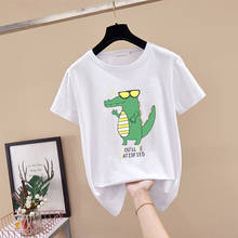 Verão estilo casual rua solta camisetas femininas manga curta topos algodão moda desenhos animados padrão de crocodilo impressão pullovers 2024 - compre barato