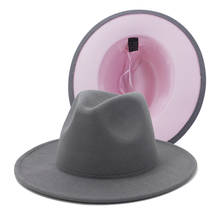 Unisex Outer Grey Inner Pink Patchwork Wool Felt Jazz Fedora Hats with Thin Belt Buckle Men Women Wide Brim Panama Trilby Cap 2024 - buy cheap