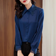 Elegant Fashion Real Silk Women Shirt Spring Autumn Embroidery Turn-down Collar Long Sleeve Solid Lady Natural Silk Satin Blouse 2024 - buy cheap