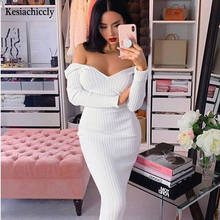 Kesiachiccly Sexy Knitted Party Dresses Ribbed Off Shoulder Solid High Elastic Long Sleeve 2021 Spring Autumn Slim Elegant Dress 2024 - buy cheap