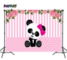 Telón de fondo con diseño de oso Panda para fiesta de cumpleaños de niñas, cartel decorativo de vinilo Rosa Floral, accesorios de fotografía para Baby Shower 2024 - compra barato