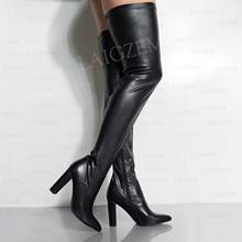 BERZIMER-Botas por encima de la rodilla para mujer, Zapatos de tacón alto y grueso, de piel sintética, talla grande 43 45 47 2024 - compra barato