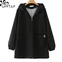 UHYTGF Oversized Womens Windbreaker Fashion Hooded Pocket Casual Autumn Trench Coat Female 5XL Loose Size Tops Outerwear 1524 2024 - buy cheap