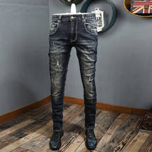 Autumn Newly Fashion Vintage Men Jeans High Quality Retro Black Blue Ripped Denim Trousers Streetwear Hip Hop Biker Pants Homme 2024 - buy cheap