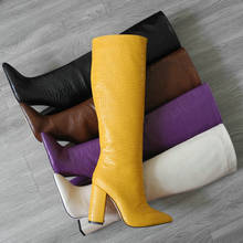 Botas femininas de couro falso, bico fino, calçado plataforma volumosa, botas longas de salto alto, roxo bege 2024 - compre barato