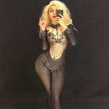Macacão feminino elástico brilhante de strass, peça legging sexy para palco, cantoras, roupas para festa de aniversário 2024 - compre barato