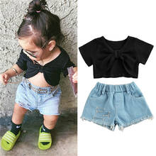 1-6Y Baby Girls Short Sleeve V Neck T-shirt Crop Tops +Ripped Denim Short Pants 2021 Summer Kids Baby Girls Clothes Sets Casual 2024 - buy cheap