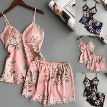 Conjunto pijama feminino sexy cetim renda floral gola v, sem mangas fofo acolchoado top e shorts 2024 - compre barato