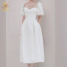 SMTHMA New Fashion Summer Dress Women's Temperament Ladies Puff Sleeve White Slim Long Dress Vestidos 2024 - buy cheap