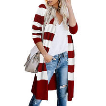 Casual Women long Cardigan Sweater Long Sleeve V-neck stripe Sweaters Autumn Fashion loose Contrast Woman Long Knitting Coat red 2024 - buy cheap