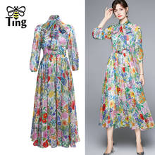 Tingfly Vintage Elegant Floral Print Chiffon Flowy A Line Dress Bowknot Collar High Waist Casual Midi Long Dress Elbise Clothes 2024 - buy cheap