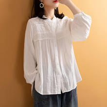 Lamtrip qualidade fio de algodão de camada dupla manga longa gola camisa blusa feminina 2021 primavera 2024 - compre barato
