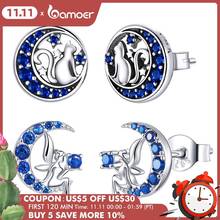 bamoer Genuine 925 Sterling Silver Cat on the Moon Round Blue Stud Earrings for Women Ear Pins Fine Jewelry SCE880 2024 - купить недорого