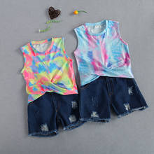 Focusnm 2-7y verão infantil meninas conjuntos de roupas 2 pçs tie-dye impresso sem mangas colete tops denim shorts 2024 - compre barato