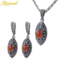 Ajojewel Orange Blue Green Stone Vintage Pendant Necklace Earrings Sets With Black Rhinestone Retro Copper Jewelry Eco-friendly 2024 - buy cheap