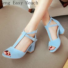 2021 Summer Faux Suede Blue Black Ladies Dress Shoes Chunky High Heels Large Size 33-48 T-strap Open Toe Women Sandals 2024 - buy cheap