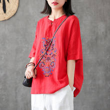 Blusa feminina plus size 100% algodão linho manga curta, camiseta feminina vintage bordada casual branco vermelho amarelo 2024 - compre barato