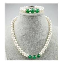Frete grátis pulseira colar jade verde e pérola branca cultivada 5x7mm 2024 - compre barato